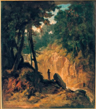 Wooded Landscape with Waterfall, on the Shore with Capuchin by Carl Spitzweg