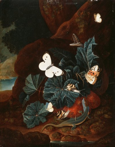 A Forest Floor Still Life with a Lizard, Butterflies, Snail and a Snake by Carl Wilhelm de Hamilton