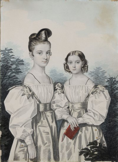 Portrait of Sisters Anna Petrovna 1822-1905 and Elena Petrovna 1824-1860 Ushakov, 1830s by Carl von Hampeln