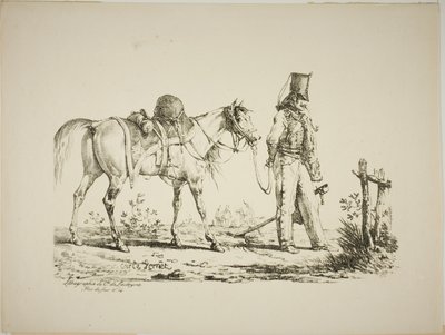Hussar Walking in Front of His Horse, Smoking a Pipe by Carle Vernet