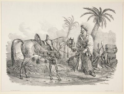 Seated Arab holding the Bridle of an Arabian Horse by Carle Vernet