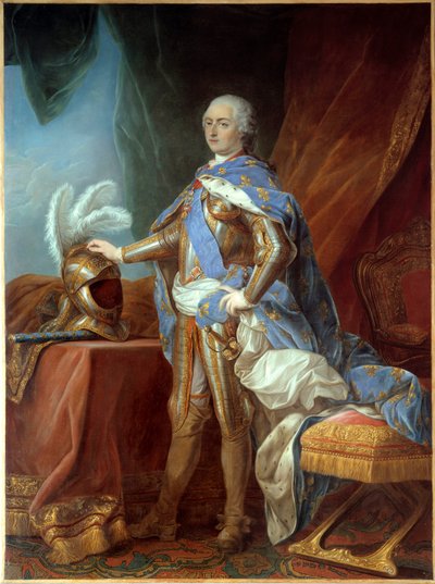 Portrait in foot of Louis XV, in armor, hand placed on a helm. Painting by Carle Van Loo by Carle van Loo