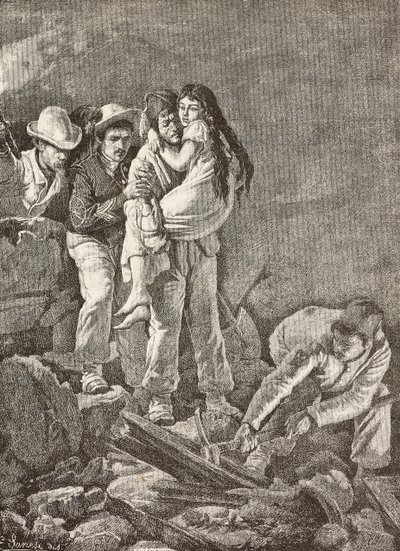 A girl is rescued after her home collapsed, Casamicciola earthquake, Italy, engraving from a drawing by E Sanesi and a painting by Carlo Ademollo, from L