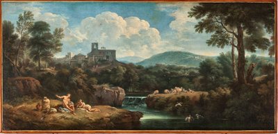 Landscape with River, Workers Dressed in Antique Fashion and a Village by Carlo Antonio Tavella