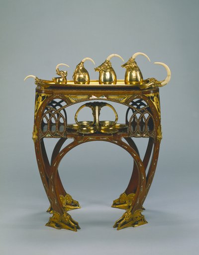 Tray with Cream Pitcher, Covered Sugar Bowl, Tea Pot, Hot Water Pot and Salver by Carlo Bugatti