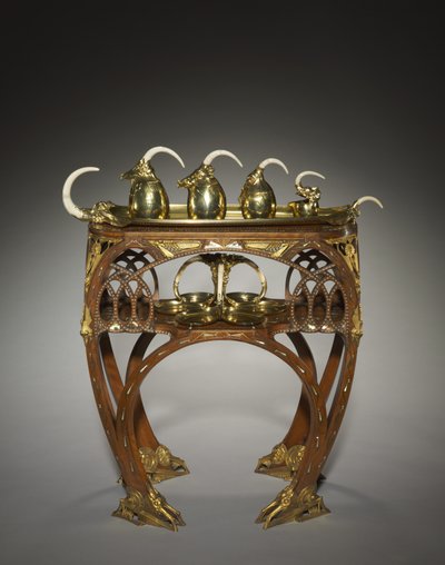 Tray with Cream Pitcher, Covered Sugar Bowl, Tea Pot, Hot Water Pot and Salver, and Table by Carlo Bugatti