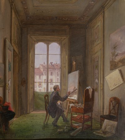 The painter Giuseppe Canella at work on a canvas in his studio, c.1830 by Carlo Canella