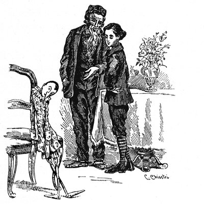 Illustration of Pinocchio by Carlo Chiostri. Pinocchio, finally becoming a real little boy, looks with Geppetto at the wooden puppet he was by Carlo Chiostri