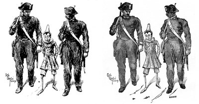 Pinocchio by Carlo Chiostri. Two gendarmes take the wooden puppet. The image on the left is Chiostri
