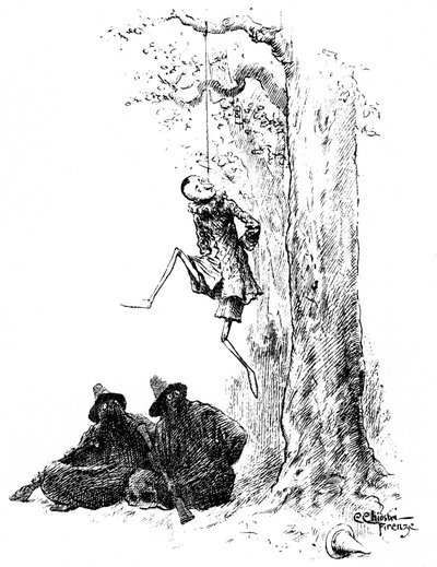 Pinocchio by Carlo Chiostri (1863-1939), one of the first Italian illustrators of the work of Collodi (Carlo Lorenzini). The wooden puppet is hung from a tree by two bandits (the cat and the camouflaged fox). This original drawing by Chiostri is to be comp by Carlo Chiostri