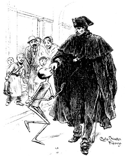 Pinocchio by Carlo Chiostri (1863-1939), one of the first Italian illustrators of the work of Collodi (Carlo Lorenzini). A policeman grabs the wooden puppet through the nose, has the great joy of the sweetheart by Carlo Chiostri