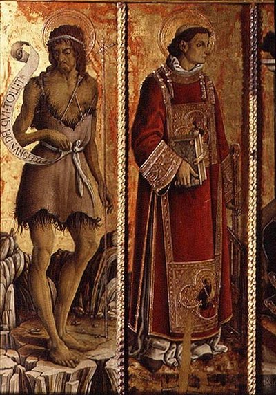 St. John the Baptist and St. Lawrence, (detail) from the San Silvestro Polyptych by Carlo Crivelli