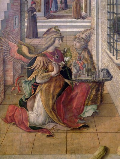 The Annunciation with St. Emidius, detail of the Archangel Gabriel with the Saint by Carlo Crivelli