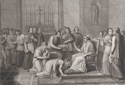 A Woman Kneels to Kiss the Foot of Pope Pius VII, with a Crowd Behind Her by Carlo Lasinio