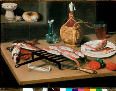 Still Life Table with grilled fish plates and bottle of wine. Painting by Carlo Magini. Faenza, Pinacoteca comunale by Carlo Magini