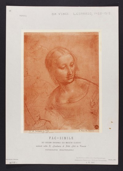 Study of a Female Bust, drawing by Leonardo da Vinci (1452-1519) from the collection of R. Accademia di Belle Arti in Venice; plate from the portfolio: "Fac-simile of the original drawings of classical masters existing in the R. Academia di Belle Arti in V by Carlo Naya