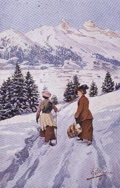 Two women walking in the snow near Tour d