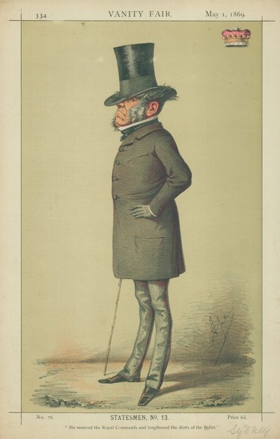 Viscount Sydney, He Received the Royal Commands and Lengthened the Skirts of the Ballet, 1 May 1869, Vanity Fair Cartoon by Carlo Pellegrini