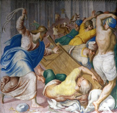 Jesus Christ drives out merchants at the gates of the Temple. Fresco by Carlo Urbino. Milan, S. Maria della Passione by Carlo Urbino