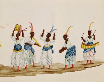 Queen and her Suite, detail depicting dancers and musicians by Carlos Juliao