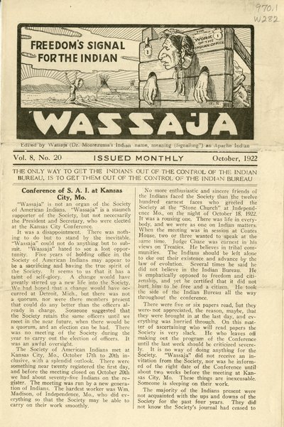 Issue of Wassaja, Vol. 8, No. 20, October 1922 by Carlos Montezuma