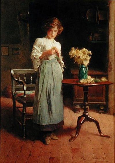 Girl in a cottage by a table and chair by Carlton Alfred Smith