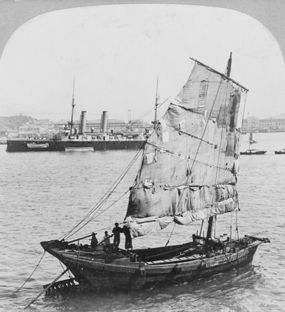 Chinese Junk and British Battleship in the Harbour at Hong Kong, 1902 by Carlton Harlow Graves