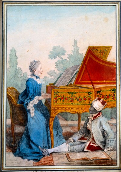 Portrait of Mademoiselle Desgots of Saint Domingue at the harpsichord and her slave Laurent by Carmontelle