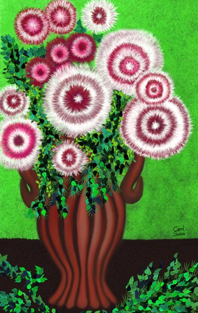 Brown Vase with Fantasy Wildflowers by Carol Sousa Cuello