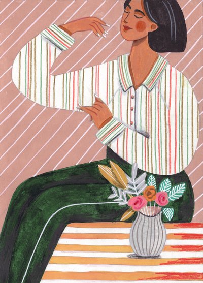 Woman in Stripes Shirt and Green Pants by Caroline Bonne Müller