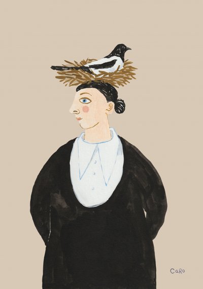Whimsical Woman With Magpie by Caroline Roberts