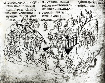 Various scenes illustrating a psalm, from the Utrecht Psalter, copy of the original from Reims now in Utrecht University Library by Carolingian School