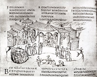 Various scenes illustrating a psalm, from the Utrecht Psalter, copy of the original from Reims now in Utrecht University Library by Carolingian School