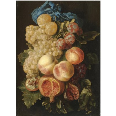 A Still Life with Plums, Grapes, Peaches and a Pomegranate Tied with a Blue Ribbon by Carstian Luyckx