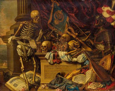 Vanitas Still Life with musical instruments, books, sheet music, skeleton, skull and armour, 17th century by Carstian Luyckx