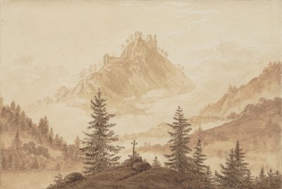 Mountain landscape with fog in the valley by Caspar David Friedrich