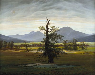 Solitary Tree Village Landscape in Morning Light by Caspar David Friedrich