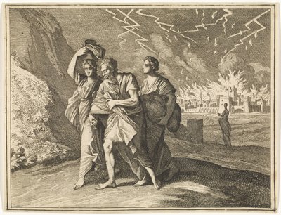 Lot and His Daughters Leaving Burning Sodom by Caspar Luyken