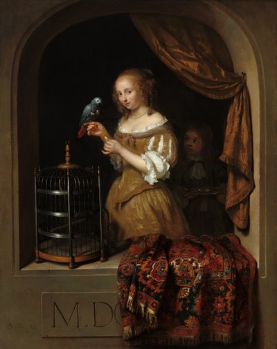 A Woman Feeding a Parrot, with a Page by Caspar Netscher