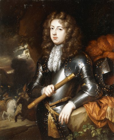Portrait of a Commander, Three-Quarter Length, in Armour, Holding a Baton, his Plumed Helmet on a Rock Nearby, a Cavalry Charge Beyond by Caspar Netscher
