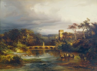 Castle by the Forest Lake with Boaters and Arch Bridge. 1846 by Caspar Scheuren