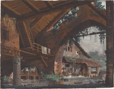 Architectural Fantasy of Antique Ruins with a Watermill by Caspar Wolf