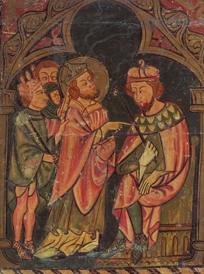 St. Cyprian, Bishop of Carthage brought before Emperor Valerian by Catalan School