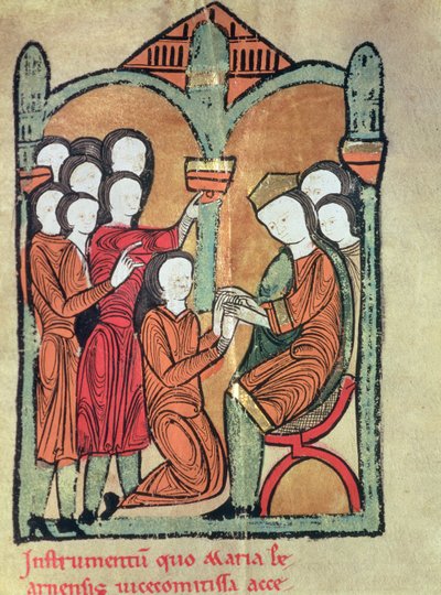 The Countess of Bearn swears homage to Alfonso II of Aragon, promising not to marry without his consent, from the manuscript known as the 