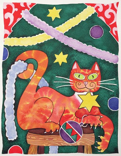 Christmas Cat with Decorations by Cathy Baxter