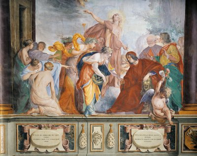 Lorenzo Welcoming the Muses and the Virtues Accompanied by Apollo to Florence, by Francesco Montelatici known as Cecco Bravo, fresco by Cecco  Bravo