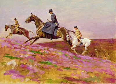 Lady Currie with Her Sons Bill and Hamish Hunting on Exmoor by Cecil Charles Windsor Aldin