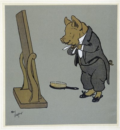 Pig Grooming, Adjusting His Knot of Tie in Front of a Mirror - in “Merry Party”, ill. by Cécil Aldin, ed. Hodder & Stoughton, London by Cecil Charles Windsor Aldin