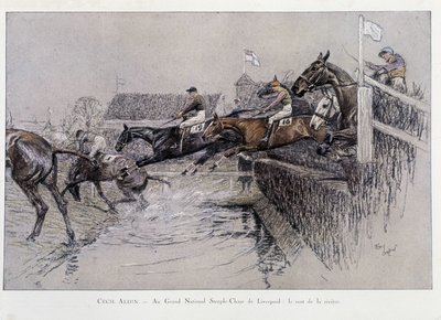 The Grand National Steeple Chase in Liverpool: The Jumping of the River - drawing by Cecil Aldin by Cecil Charles Windsor Aldin