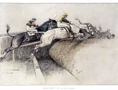 The Grand National Steeple Chase in Liverpool: The Jump from the Bench - Drawing by Cecil Aldin by Cecil Charles Windsor Aldin